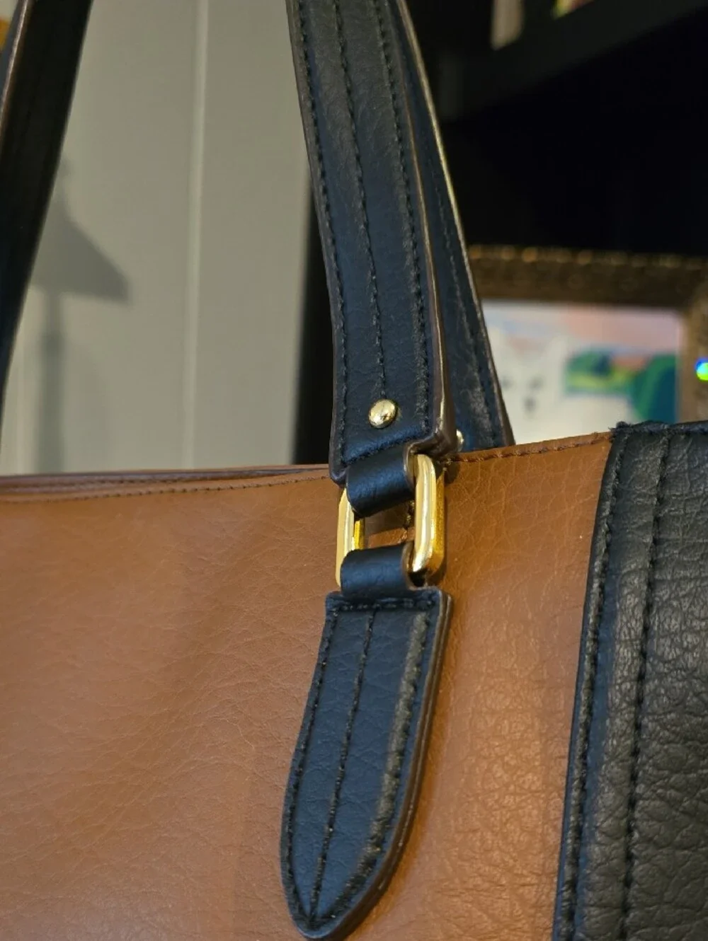 Lauren Ralph Lauren Brown and Black Leather Tote with Gold Hardware